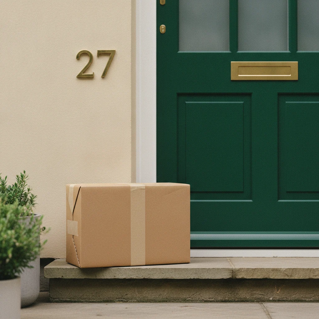 A neatly sealed kraft cardboard parcel sitting on a doorstep beside a house number plaque in soft daylight