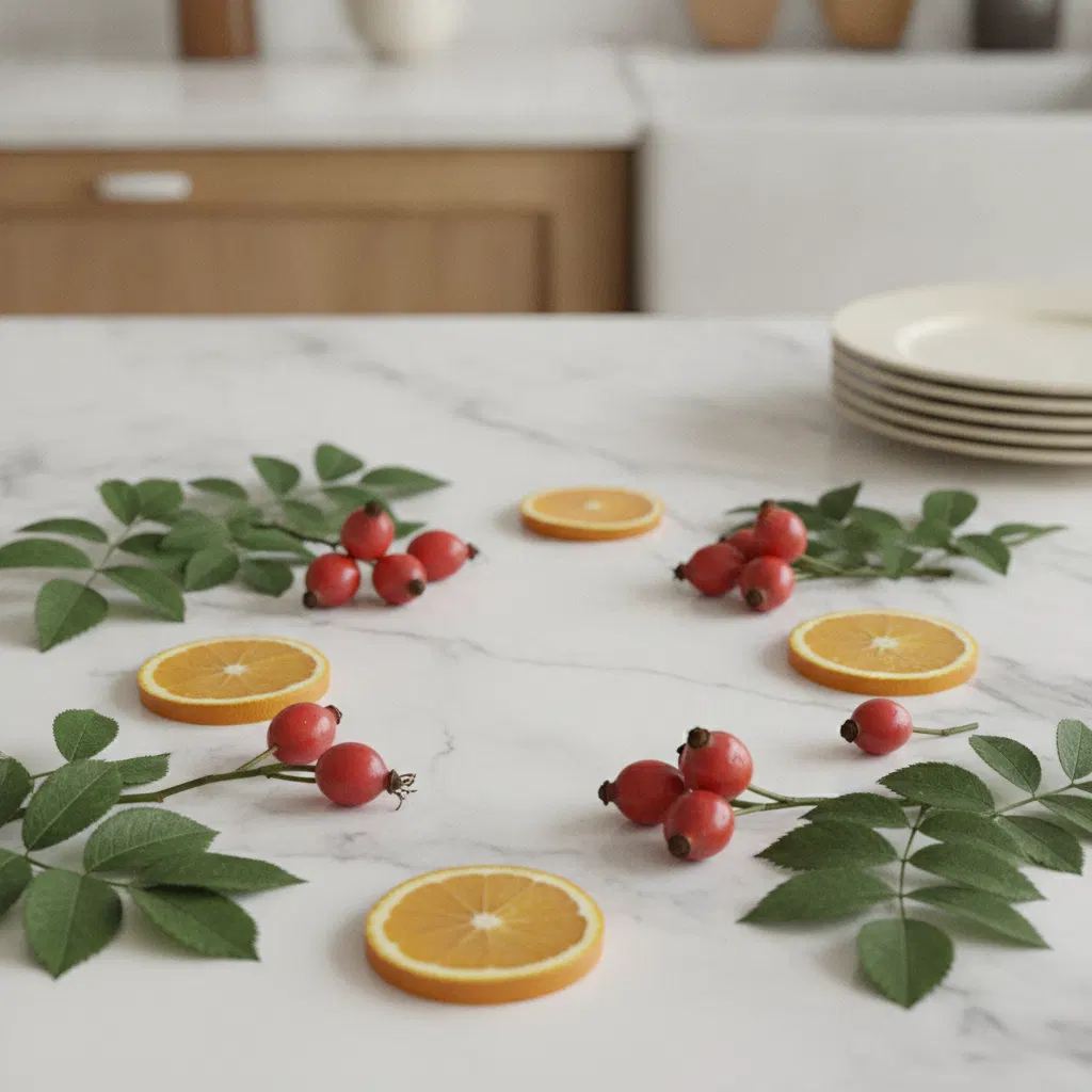 Fresh rosehip berries and orange slices arranged on a white stone surface alongside green leaves