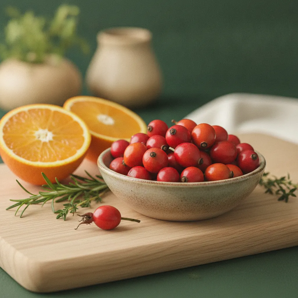 Fresh oranges and vibrant rosehip berries on a wooden kitchen board surrounded by green herbs