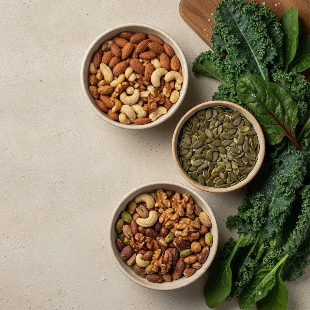 Selection of mixed seeds, almonds and green leafy vegetables on a pale stone surface in ceramic bowls