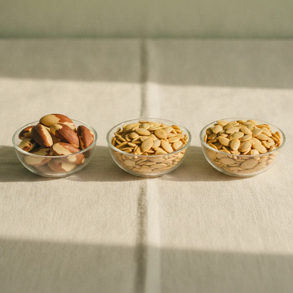 Small glass bowls of selenium-rich brazil nuts and zinc-rich pumpkin seeds arranged neatly on a light linen cloth
